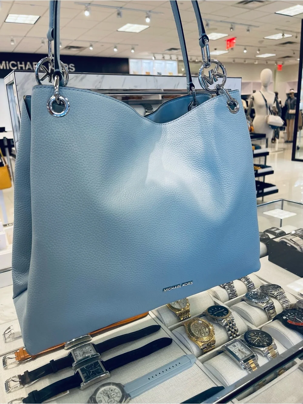 Michael Kors Christina Large Pebbled Leather Shoulder Bag Pale Ocean  NWT